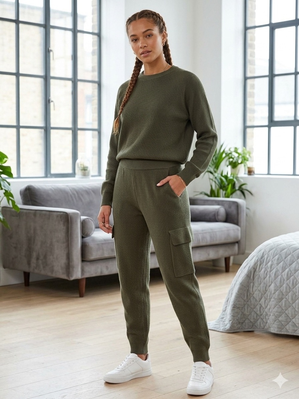 Olive Knit Cargo Joggers and sweater set